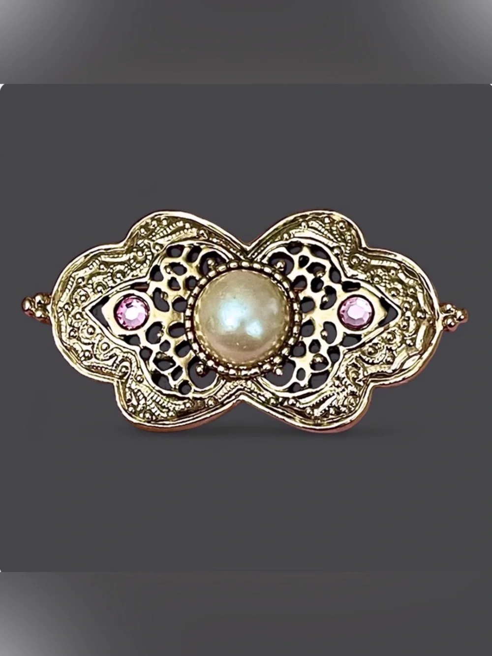 Vintage Gold Tone Faux Pearl Rhinestone Bar Brooch Pin Pink Ornate Filigree Chic - Picture 2 of 7
